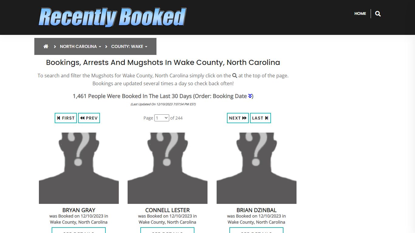 Bookings, Arrests and Mugshots in Wake County, North Carolina